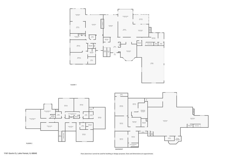 Combined measured floor plan of all three levels of the residence.