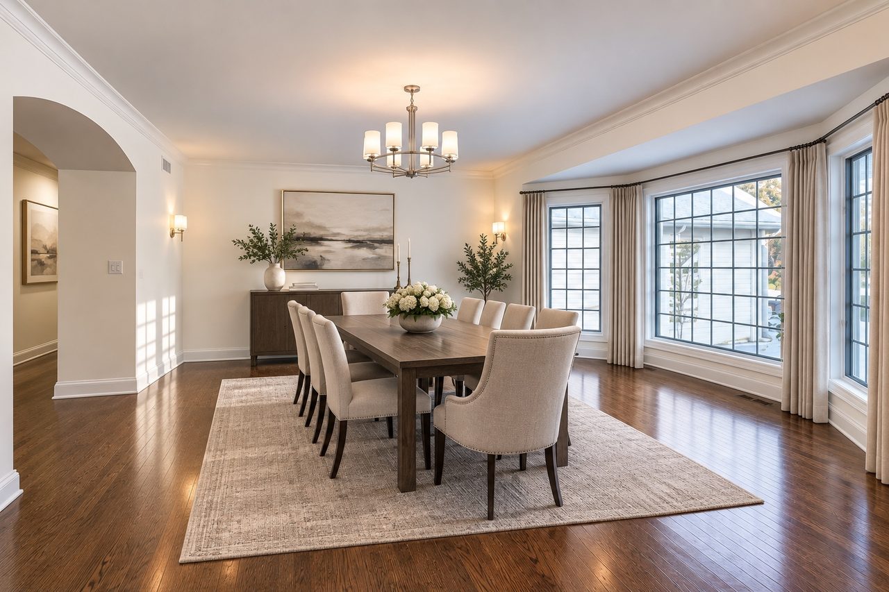 Dining room with a table for ten beneath a bay window, shown with furniture added digitally.
