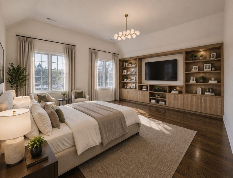 Primary bedroom with a king bed and built-in cabinetry, shown with furniture added digitally.