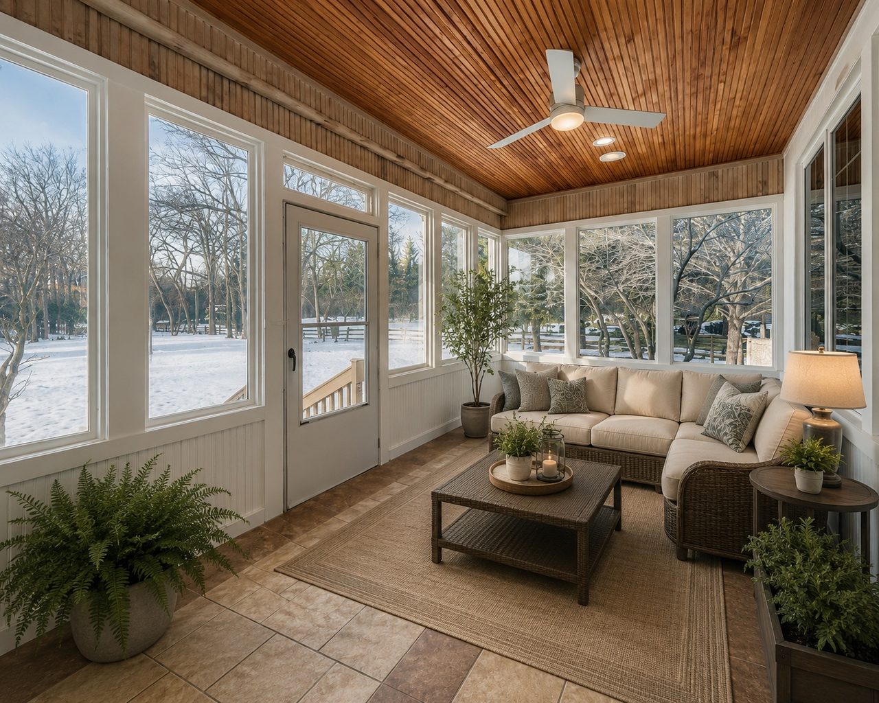 Sunroom with a cedar ceiling and windows on three sides overlooking the grounds, shown with furniture added digitally.